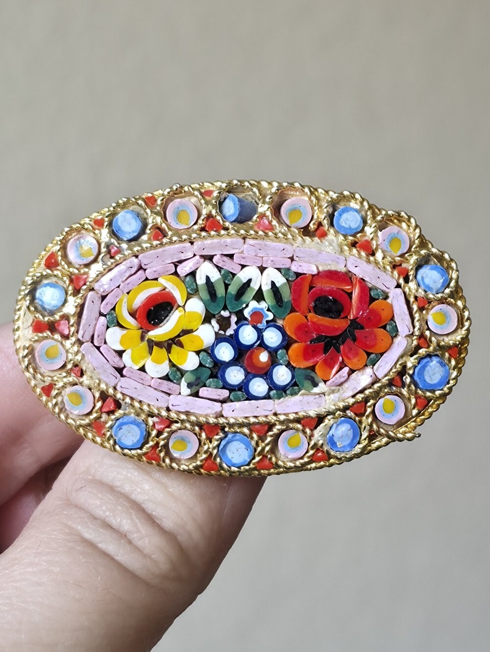 Vintage Micro-Mosaic Oval Brooch in Multicolor